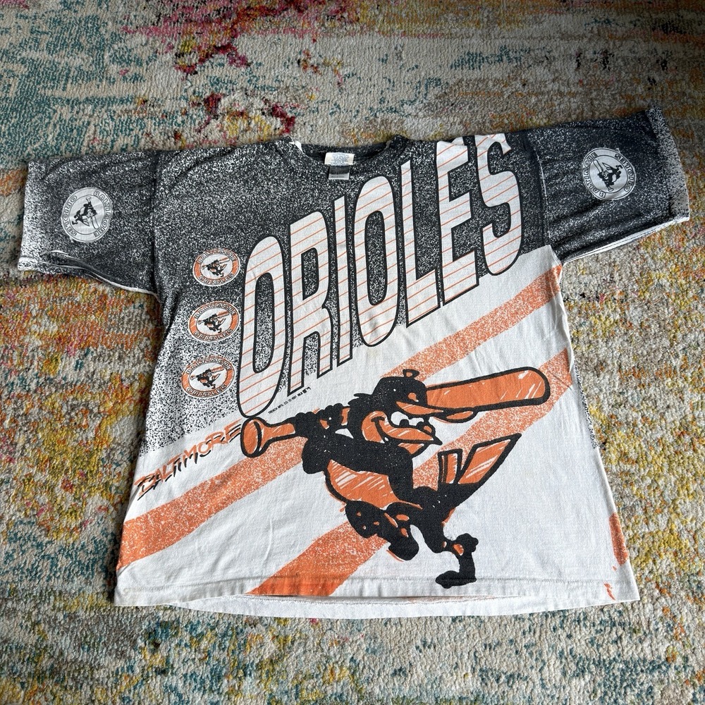 Vintage 1991 Baltimore Orioles All Over Print Graphic T-Shirt Mens XL Trench